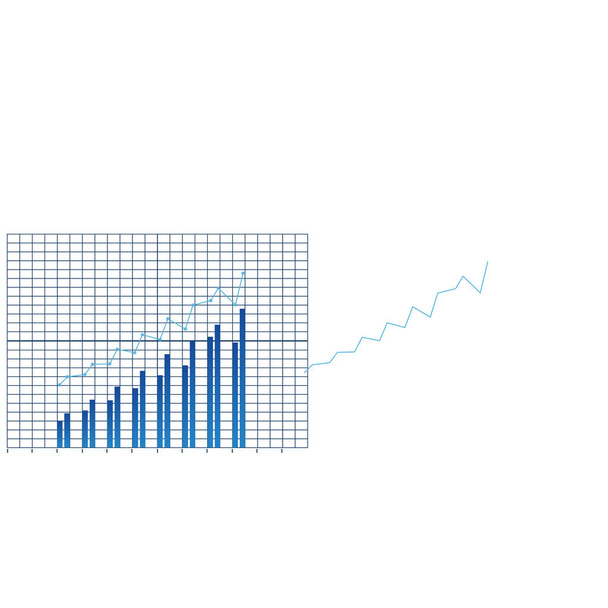 青い棒グラフと線は、二乗の背景に上がっています。改善の例, 成長し、上回る.事務用品、会議、良い結果のサンプル、企業分析. - ベクター画像