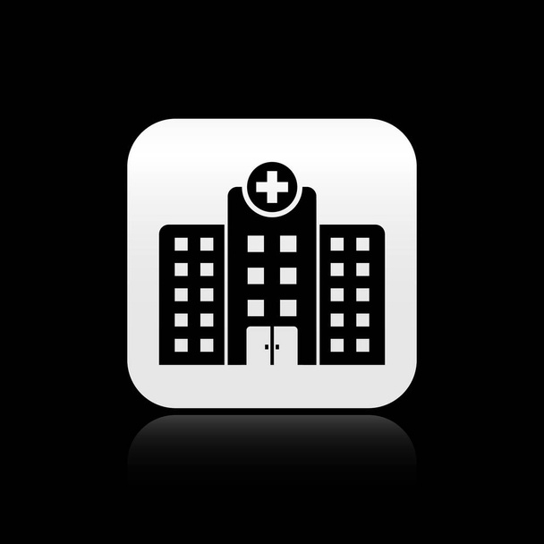 Edificio hospital médico negro con icono de cruz aislado sobre fondo negro. Centro médico. Salud. Botón cuadrado plateado. Ilustración vectorial
 - Vector, imagen