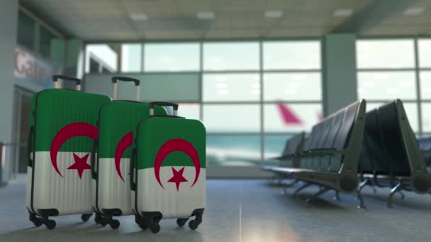 Utazási bőröndök a lobogó Algéria. Algériai turizmus fogalmi 3D animáció - Felvétel, videó