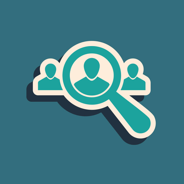 Green Magnifying glass for search a people icon isolated on blue background. Recruitment or selection concept. Search for employees and job. Long shadow style. Vector Illustration - Vector, Image