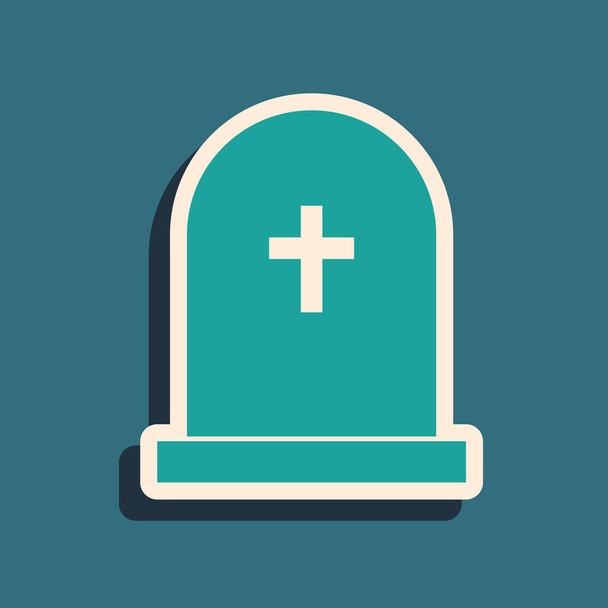 Зелений надгробок з перехресної іконою, ізольованою на синьому фоні. Могила ікона. Стилі довгих тіней. Векторна ілюстрація - Вектор, зображення