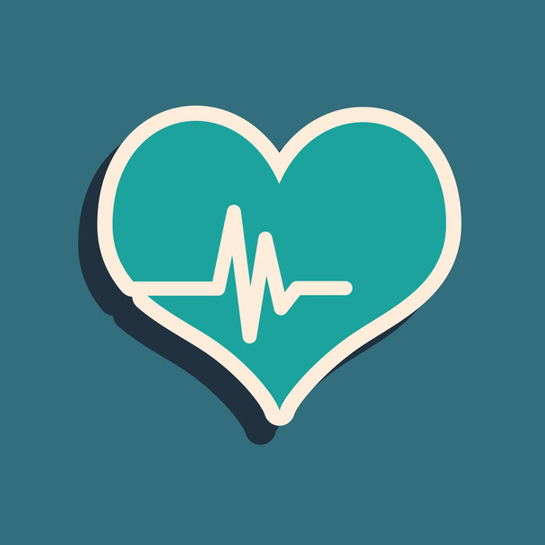 Zielona ikona tętna jest odizolowana na niebieskim tle. Znak pulsu. Ikona pulsu serca. Ikona kardiogramu. Długi styl cienia. Ilustracja wektorowa - Wektor, obraz