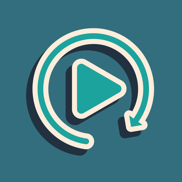 Green Video Play button like simple replay icon isolated on blue background. Длинный стиль тени. Векторная миграция
 - Вектор,изображение