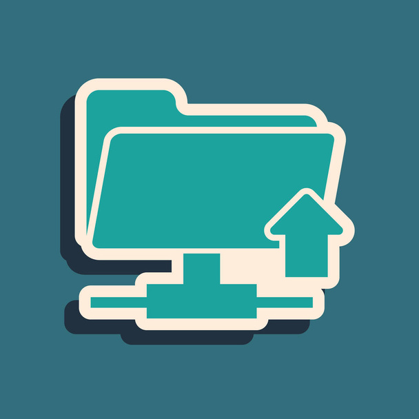 Zielona ikona przesyłania folderu FTP izolowana na niebieskim tle. Aktualizacja oprogramowania, protokół transferu, router, zarządzanie narzędziami pracy zespołowej, proces kopiowania. Długi styl cienia. Ilustracja wektorowa - Wektor, obraz
