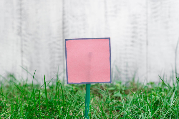 Zwykły papier karton przymocowany do kija i podłączony do trawiastej ziemi. Różowawo pusty arkusz jest umieszczony w ziemi z zieloną trawą. Pomysł na fotografię z małym obiektem - Zdjęcie, obraz