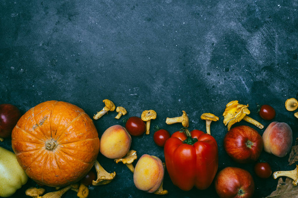 Autumn seasonal vegetables and fruits (pumpkin, pear, apples, co - Photo, image