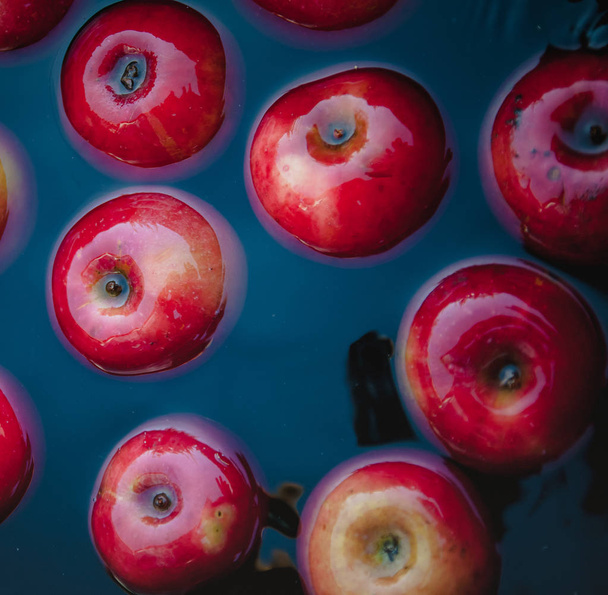 Red juicy apples in the water in a bucket. Trending dark retro background. Concept, rich harvest. Top view. - Photo, Image