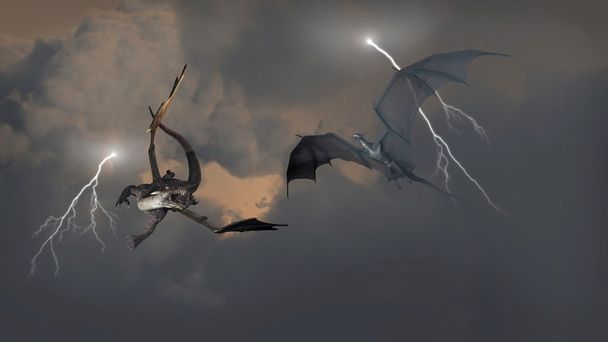Dragons Fighting in Storm Clouds - Photo, Image