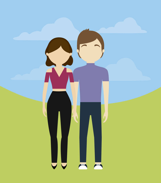 jovem casal em paisagem avatar personagem
 - Vetor, Imagem