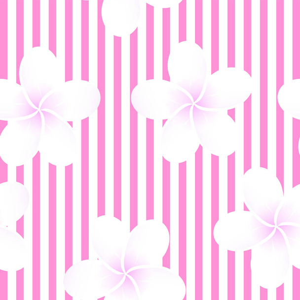 Pink striped vector tropical seamless pattern. Plumeria, frangipani. Exotic vector beach wallpaper seamless pattern. - Vettoriali, immagini