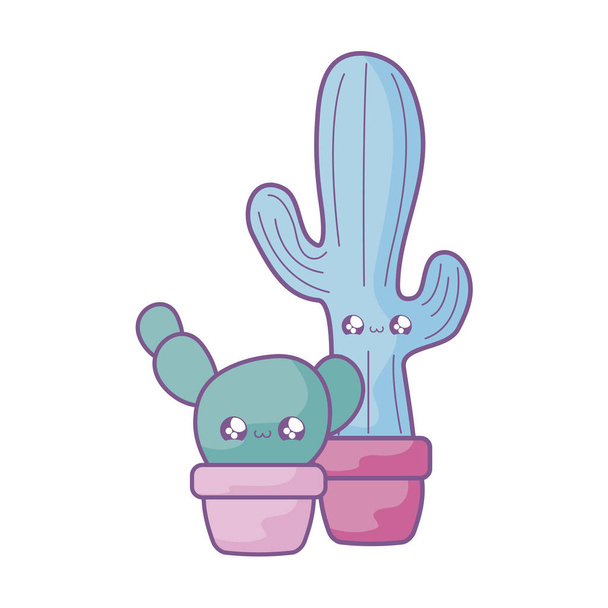 set of cactus tropicals in pot plants kawaii style - ベクター画像