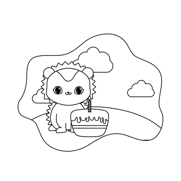 cute porcupine animal with cake of birthday - Vector, Image