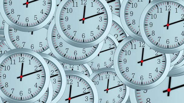 viele 3d einfache Uhren mit Stunden-, Sekunden- und Minutenpfeilen, computergenerierter moderner Business-Hintergrund - Foto, Bild