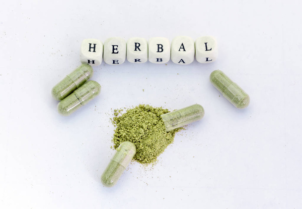 Herbal Wooden with herbal capsules isolated - Photo, Image