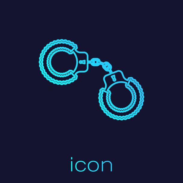 Turquoise line Sexy fluffy handcuffs icon isolated on blue background. Handcuffs with fur. Fetish accessory. Sex shop stuff for sadist and masochist. Vector Illustration - Vector, Image