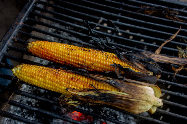 Grill kolby kukurydzy. Warzywa kukurydziane są smażone lub pieczone na otwartych jodły - Zdjęcie, obraz
