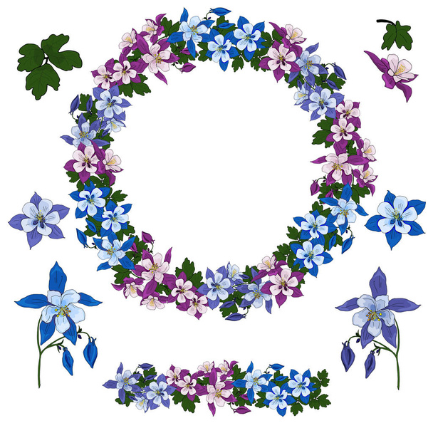 набір квіткових візерунків, прикрас і векторних вінків з синіх квітів для прикраси листівок і привітань
 - Вектор, зображення