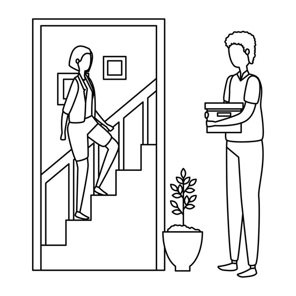 hombre con mujer subir las escaleras en el lugar de la casa
 - Vector, Imagen
