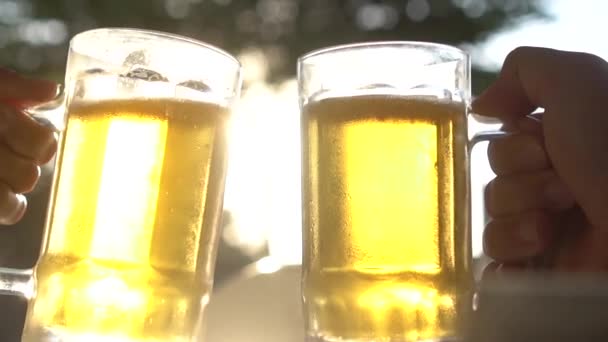 Primo piano brindisi tintinnio fresco lager bicchieri di birra tazze con raggi di sole nella calda giornata estiva - video al rallentatore
 - Filmati, video