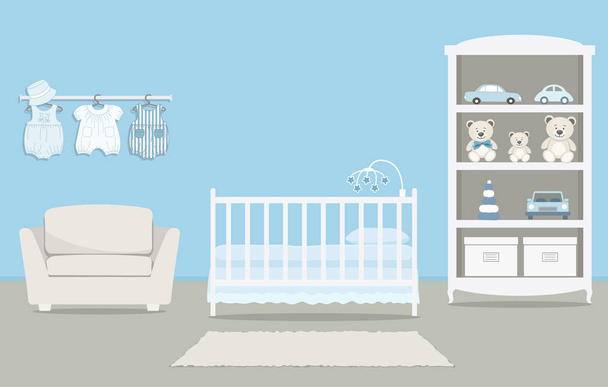 Pokój dziecięcy dla noworodka. Wnętrze sypialni dla chłopca w kolorze niebieskim. Do dyspozycji Gości jest łóżeczko dziecięce, szafa z zabawkami, fotel, ubrania dla dzieci i inne rzeczy na zdjęciu. Ilustracja wektorowa - Wektor, obraz
