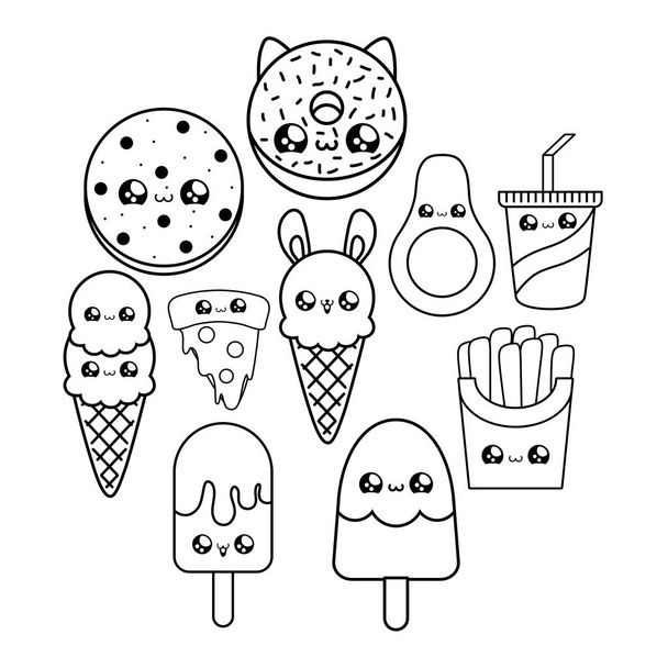 sada lahodných potravinových a zmrzlinových krémů styl kawaii - Vektor, obrázek