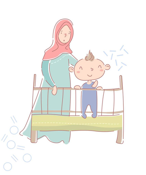 Cute Happy Little Baby Boy w łóżeczku dziecięcym z młodą matką w hidżab i tradycyjnych muzułmańskich ubrań stojących za nim w przedszkolu. Ilustracja wektorowa. - Wektor, obraz