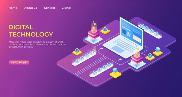 Isometric digital technology landing page. Business success. Computer monitor with infographic elements. High detailed vector illustration - Vector, Image
