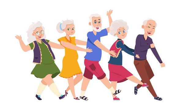Velhos a dançar. Diversos personagens de desenhos animados idosos dançando uma linha conga, pessoas engraçadas felizes. Conjunto de avós ativos vetores
 - Vetor, Imagem