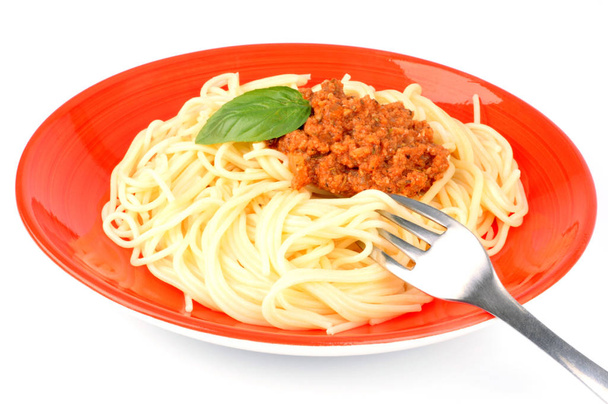 Plate of spaghetti with bolognese closeup on white background - Photo, Image