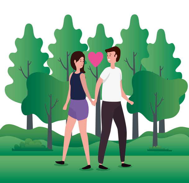 Симпатичные влюбленные пара в парке символов
 - Вектор,изображение