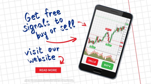 Página promocional de comércio de ações financeiras com smartphone
 - Vetor, Imagem