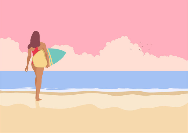 Девушка-серфер, гуляющая по пляжу
 - Вектор,изображение