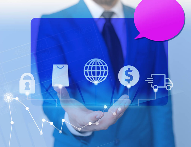 Η ασφάλεια της οικονομίας του δικτύου διαδικτυακών καταστημάτων παρέχει εικονίδια και έναν άντρα με ανοιχτό χέρι σε μπλε οθόνη. Ροζ κενή φούσκα ομιλίας. Τεχνολογικά τεχνολογικά προϊόντα της επιχείρησης Office. - Φωτογραφία, εικόνα