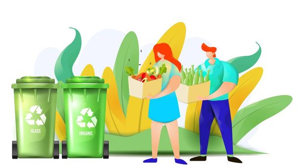 Couple of man and woman are throwing organic and glass wastes in the recycling bins. - Vector, Image