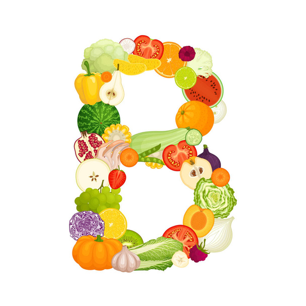 Vector letter from food. Vegetables and fruits laid out in the shape of the letter B. - Wektor, obraz