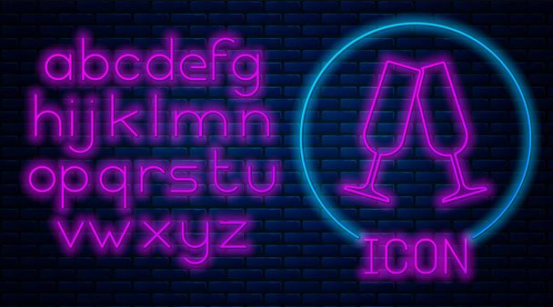 Glowing neon Glasses of champagne icon isolated on brick wall background. Neon light alphabet. Vector Illustration - Vector, Image