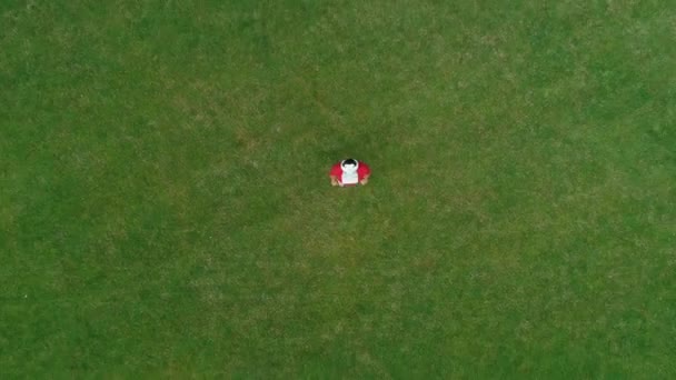 Vista aérea do homem com um fone de ouvido VR na cabeça, que olha para a câmera no parque. Jovem no capacete experimentando realidade aumentada no fundo da natureza. Imagens de drones 4K
. - Filmagem, Vídeo