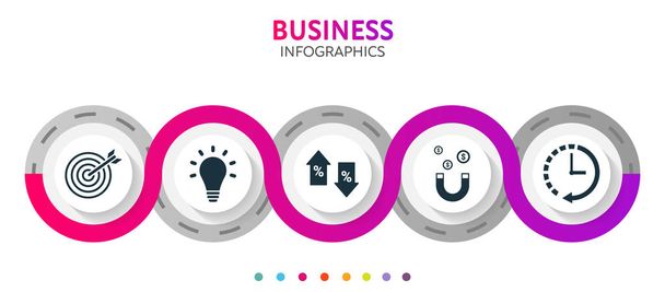 Business abstract 3D infographic elements. Circle template with investment, precision, timing, percent, creativity icons for workflow, diagram, web design, digitalmarketing - Vector, imagen