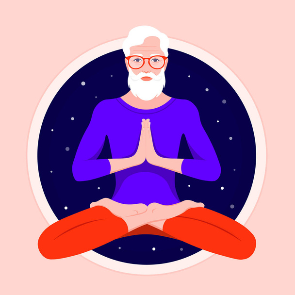 An elderly man with a beard sits in a lotus position and meditates. Grandfather practices yoga and levitates against the background of the night starry sky. Vector flat illustration - Vector, Image