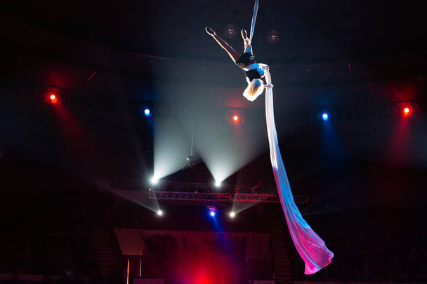 Girls aerial acrobatics in the Circus arena. - Zdjęcie, obraz