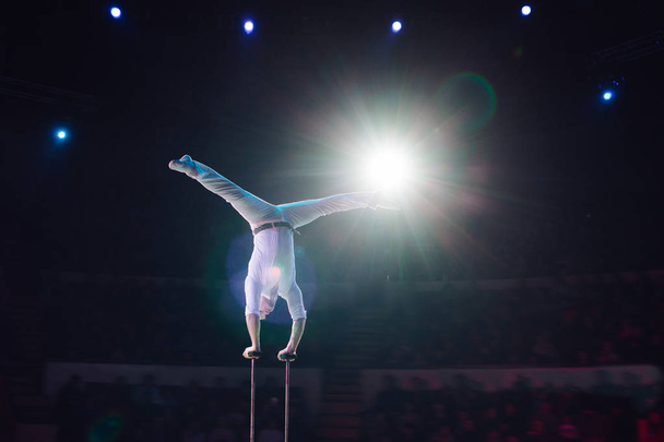 Mans aerial acrobatics in the Circus arena. - Valokuva, kuva