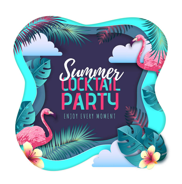 Summer cocktail party typography poster with flamingo and tropic leaves. Cut out paper art style design - Vektori, kuva