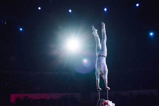 Mans aerial acrobatics in the Circus arena. - Foto, Imagen