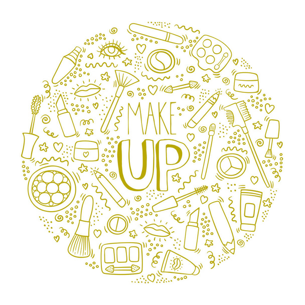 Make up doodle logo in circle with lipstick, cream, mascara, powder, shades, brush, handwritten lettering. Text, make up and cosmetics symbols. Beauty make up fashion doodle logo. Cosmetics vector - Vektor, Bild