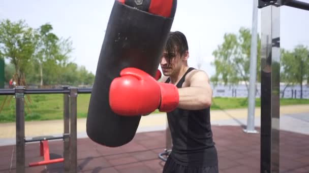 スローモーション。若い筋肉の男ボクサーは屋外でトレーニング, 安定したショット - 映像、動画