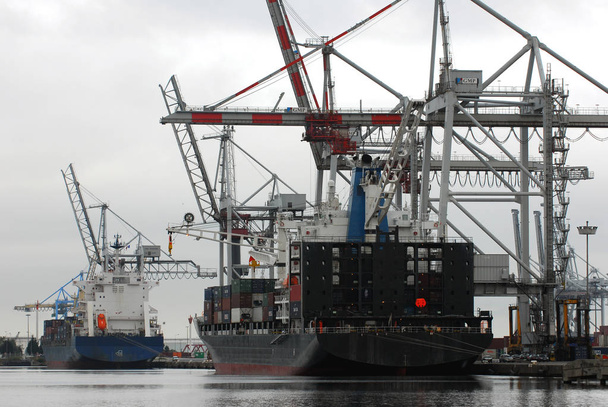 Container schip aangemeerd om vracht te lossen met een havenkraan - Foto, afbeelding