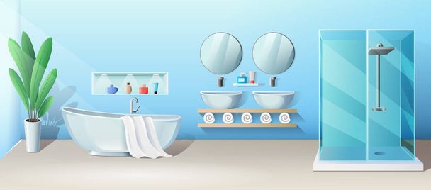 Современный санузел с ванной и душевой кабиной, векторным баннером
 - Вектор,изображение