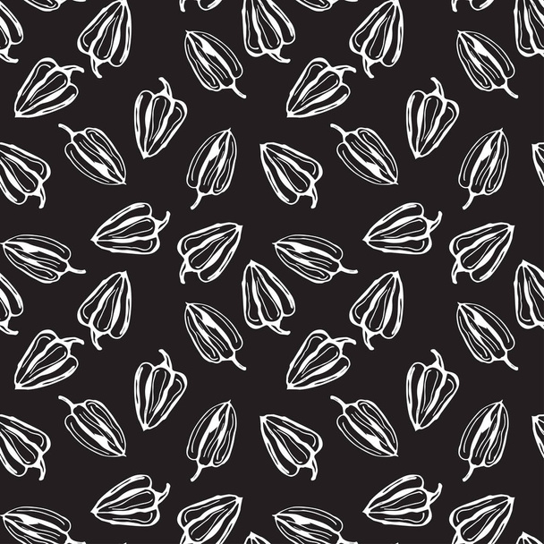 Bell pepper vector seamless pattern. Black background with white contour pepper - Vetor, Imagem