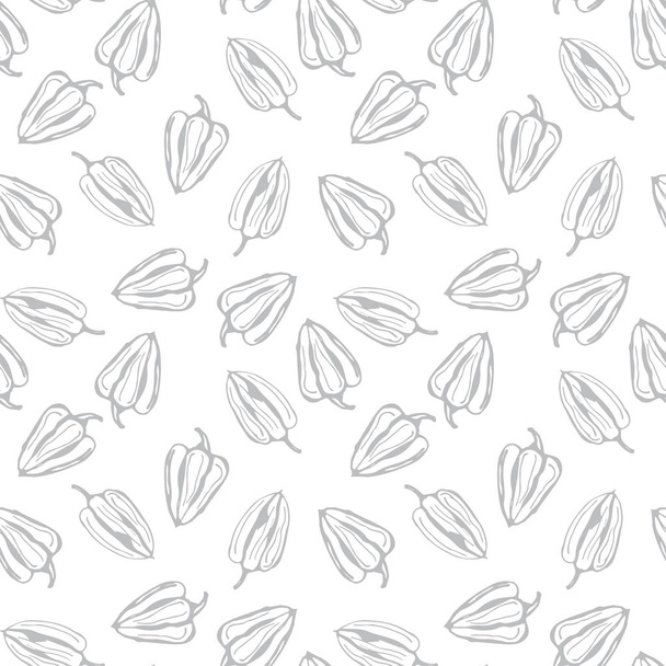 Bell pepper vector seamless pattern. Grey contour pepper on white background - Vektör, Görsel