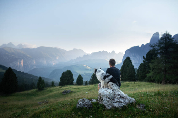 dog with a man in the mountains at sunrise. travel with a pet. - 写真・画像